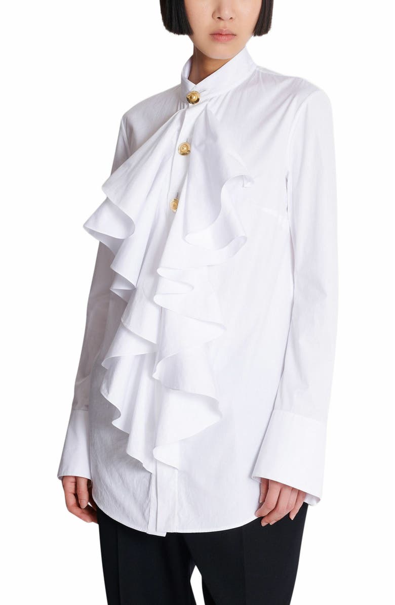 Balmain Ruffled Poplin Shirt, Alternate, color, White