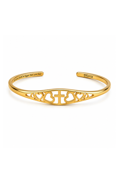 Cross and Heart Faith Engraved Adjustable Cuff Bracelet "Let your faith be bigger than your fear"