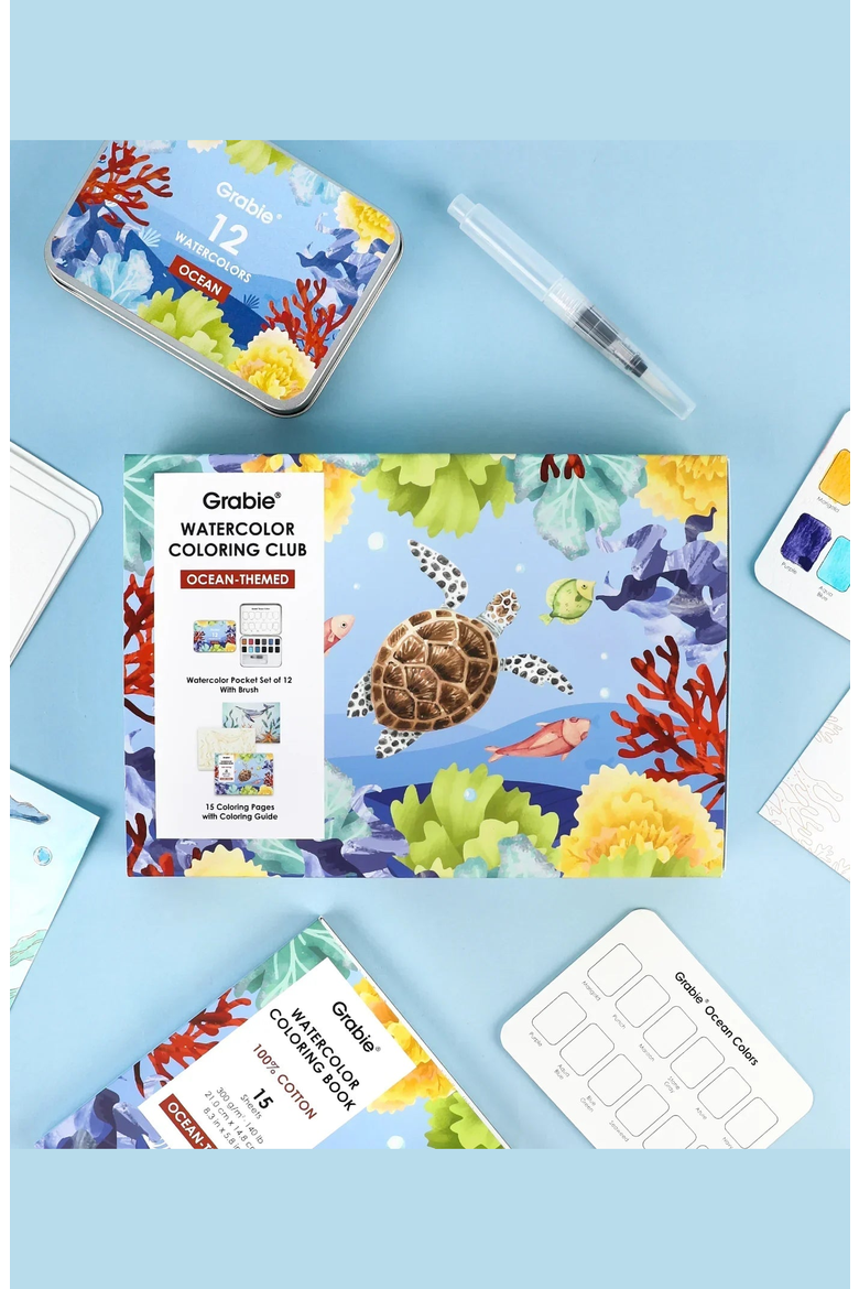 Ocean Themed Watercolor Coloring Club Box, Alternate, color, Ocean