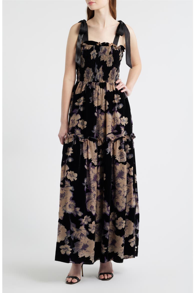 Rowan Floral Tie Shoulder Maxi Dress, Main, color, BLACK PURPLE