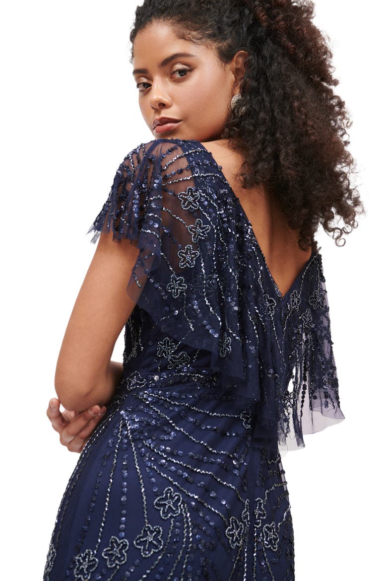 Occasion Embellished Sequin Beaded Deep V Neck Evening Maxi Dress, Alternate, color, MID NIGHT BLUE