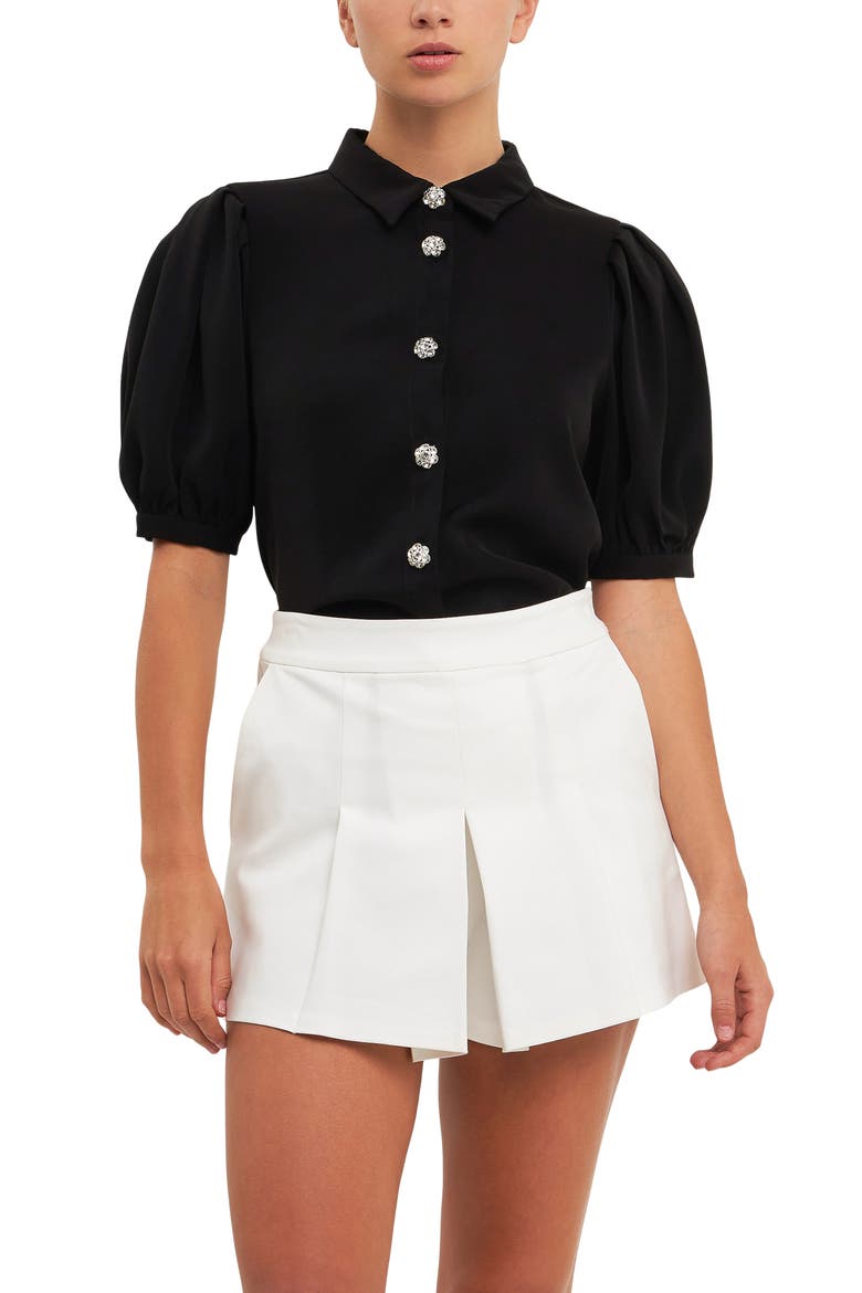 Puff Sleeve Embellished Button-Up Blouse, Alternate, color, BLACK