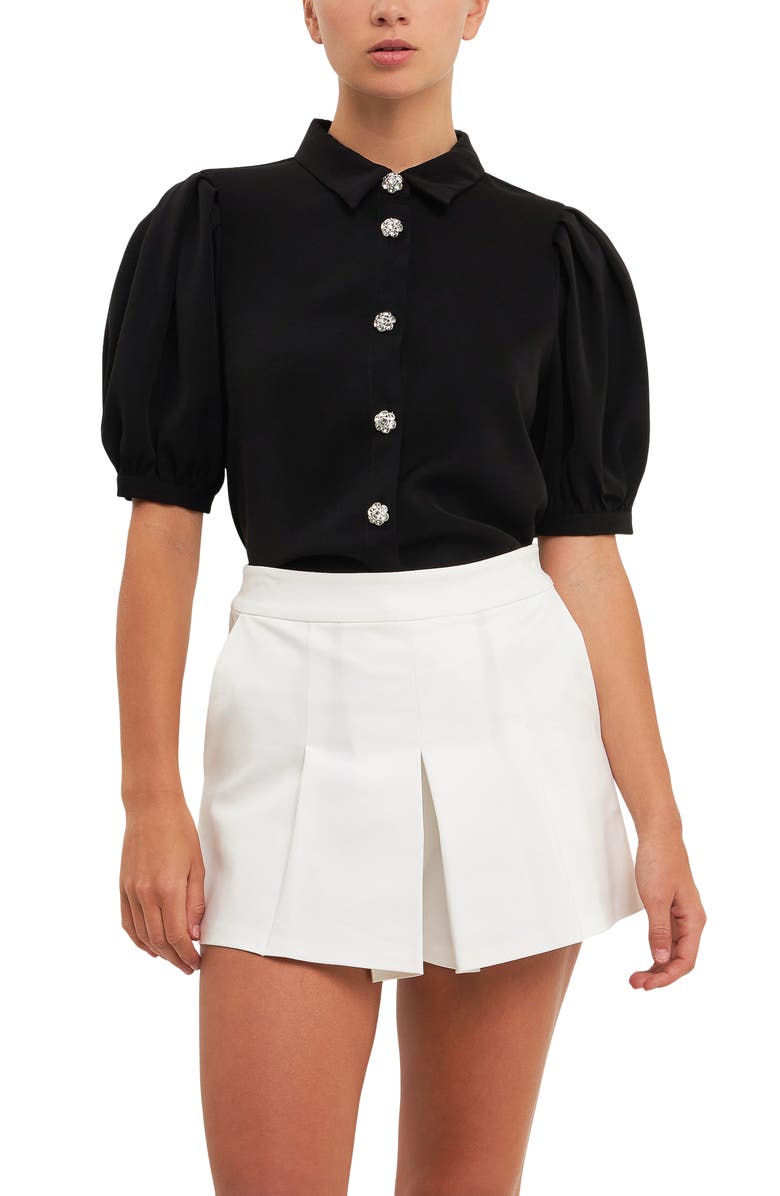 English Factory Puff Sleeve Embellished Button-Up Blouse, Alternate, color,