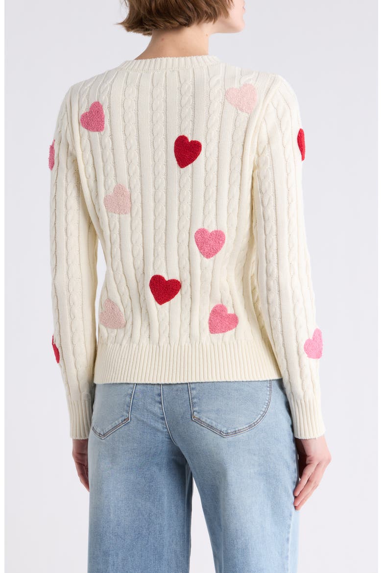 Fuzzy Heart Cotton Cable Sweater, Alternate, color, IVORY/ PINK RED HEARTS