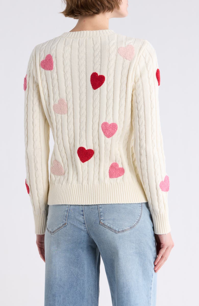 T Tahari Fuzzy Heart Cotton Cable Sweater, Alternate, color, Ivory/ Pink Red Hearts