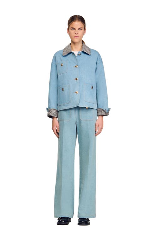 Sandro Plaid Collar Denim Jacket In Blue