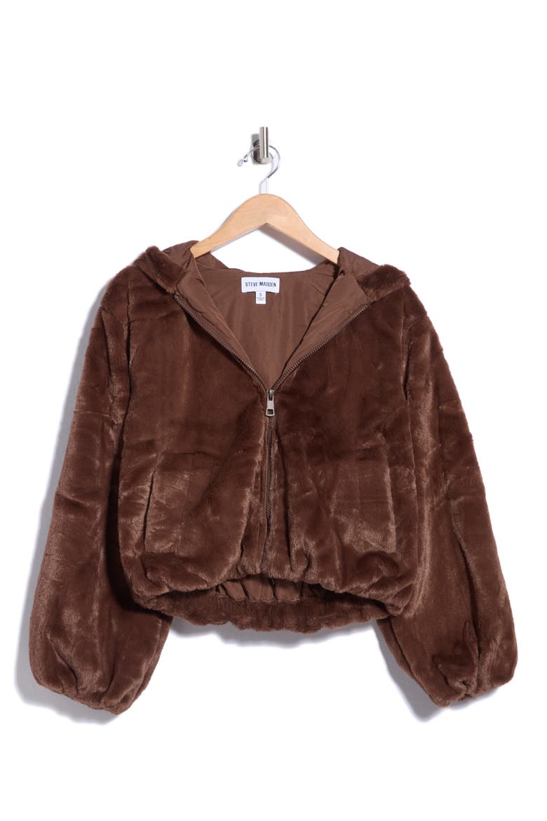 Faux Fur Hooded Bubble Jacket, Alternate, color, BROWN