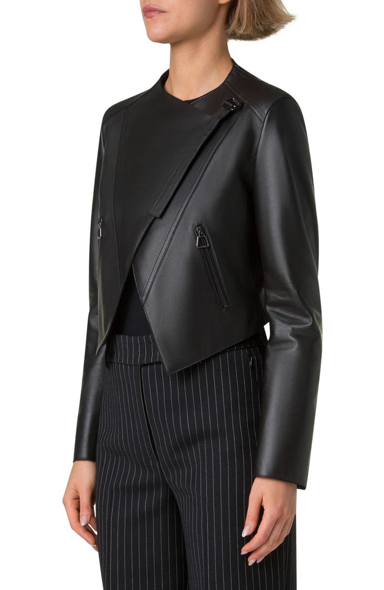 Akris Ariel Asymmetric Leather Crop Jacket, Alternate, color, Black