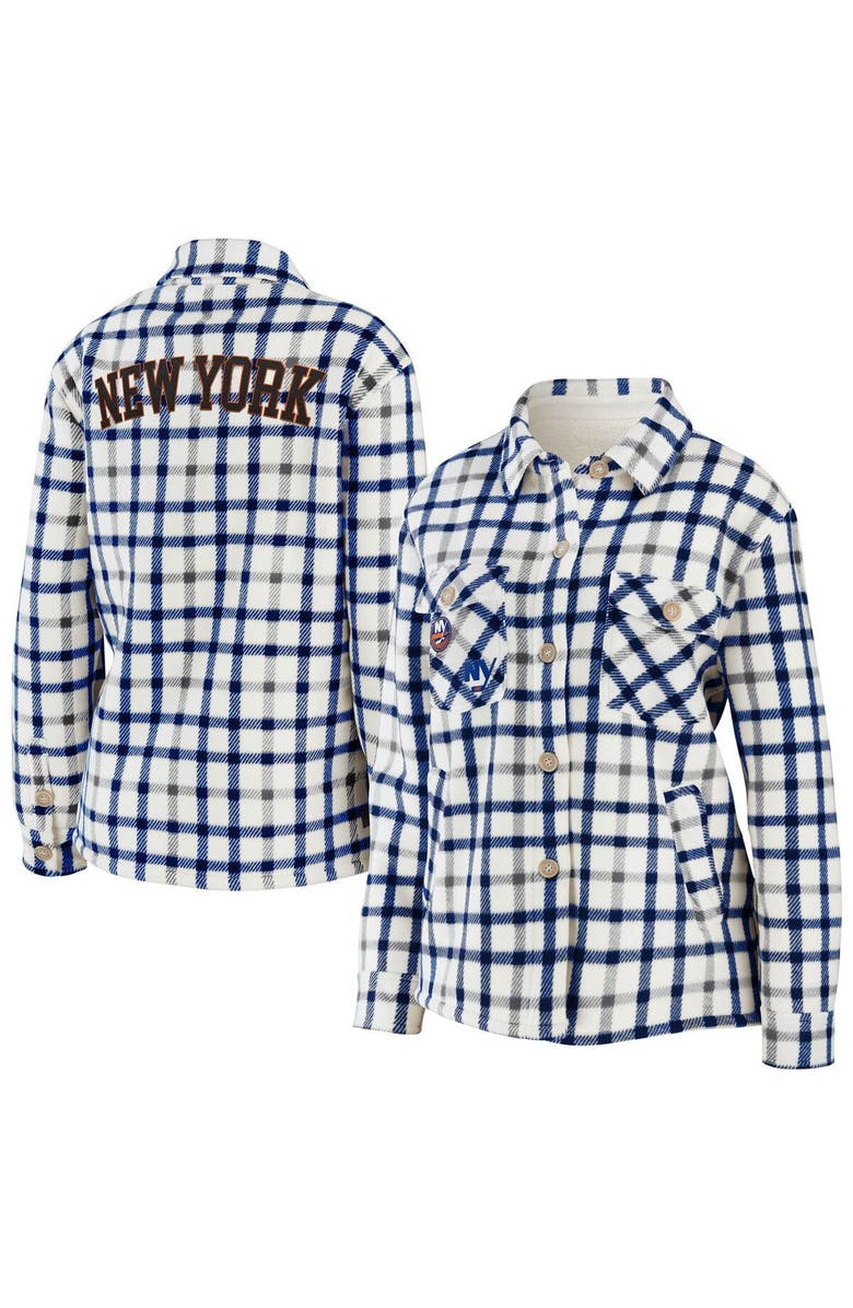 WEAR by Erin Andrews Women's WEAR by Erin Andrews Oatmeal New York Islanders Plaid Button-Up Shirt Jacket, Main, color, Oatmeal
