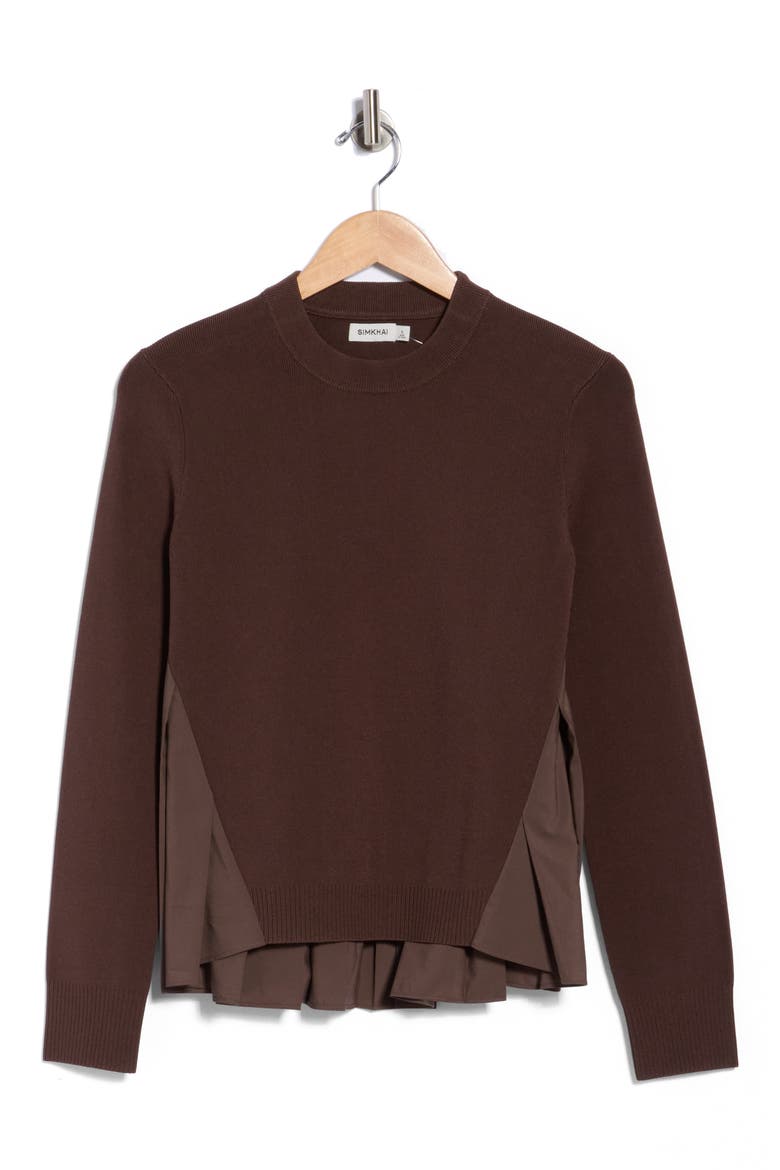 Elanore Mixed Media Pleated Top, Alternate, color, CHOCOLATE