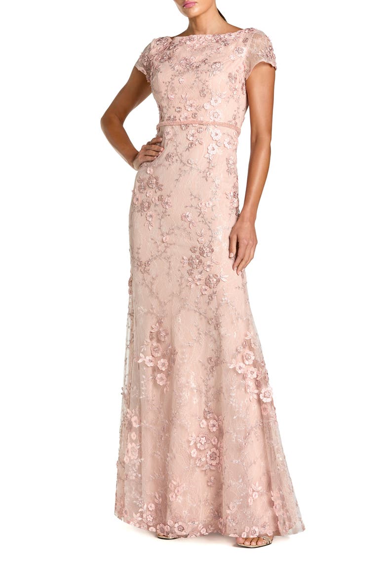 Floral Applique Boat Neck Cap Sleeve Gown, Main, color, Blush