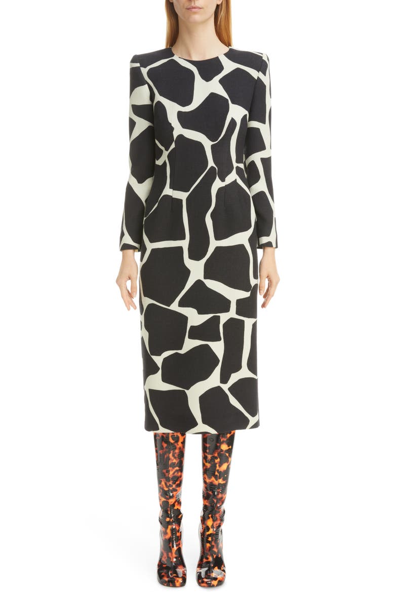 Delavina Giraffe Print Wool Sheath Dress, Main, color, BLACK 900