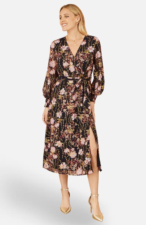 Foiled Floral Print Wrap Midi Dress