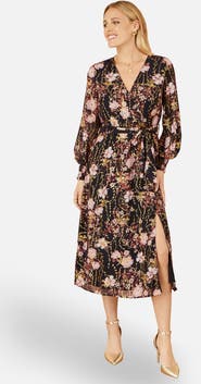 Yumi Foiled Floral Print Wrap Midi Dress