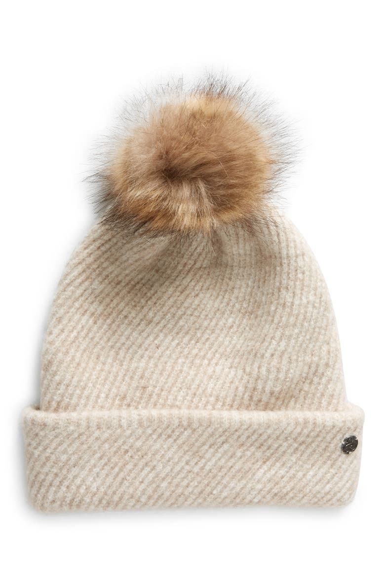 Cozy Heather Beanie with Faux Fur Pompom, Main, color, IVORY EGRET HEATHER
