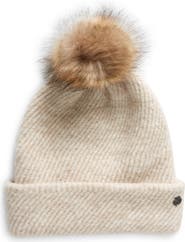 Zella Cozy Heather Beanie with Faux Fur Pompom