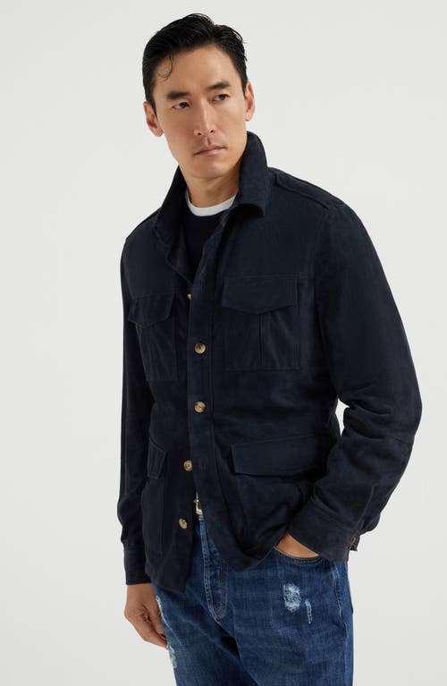 Brunello Cucinelli Suede Leather Shirt Jacket In Navy Blue