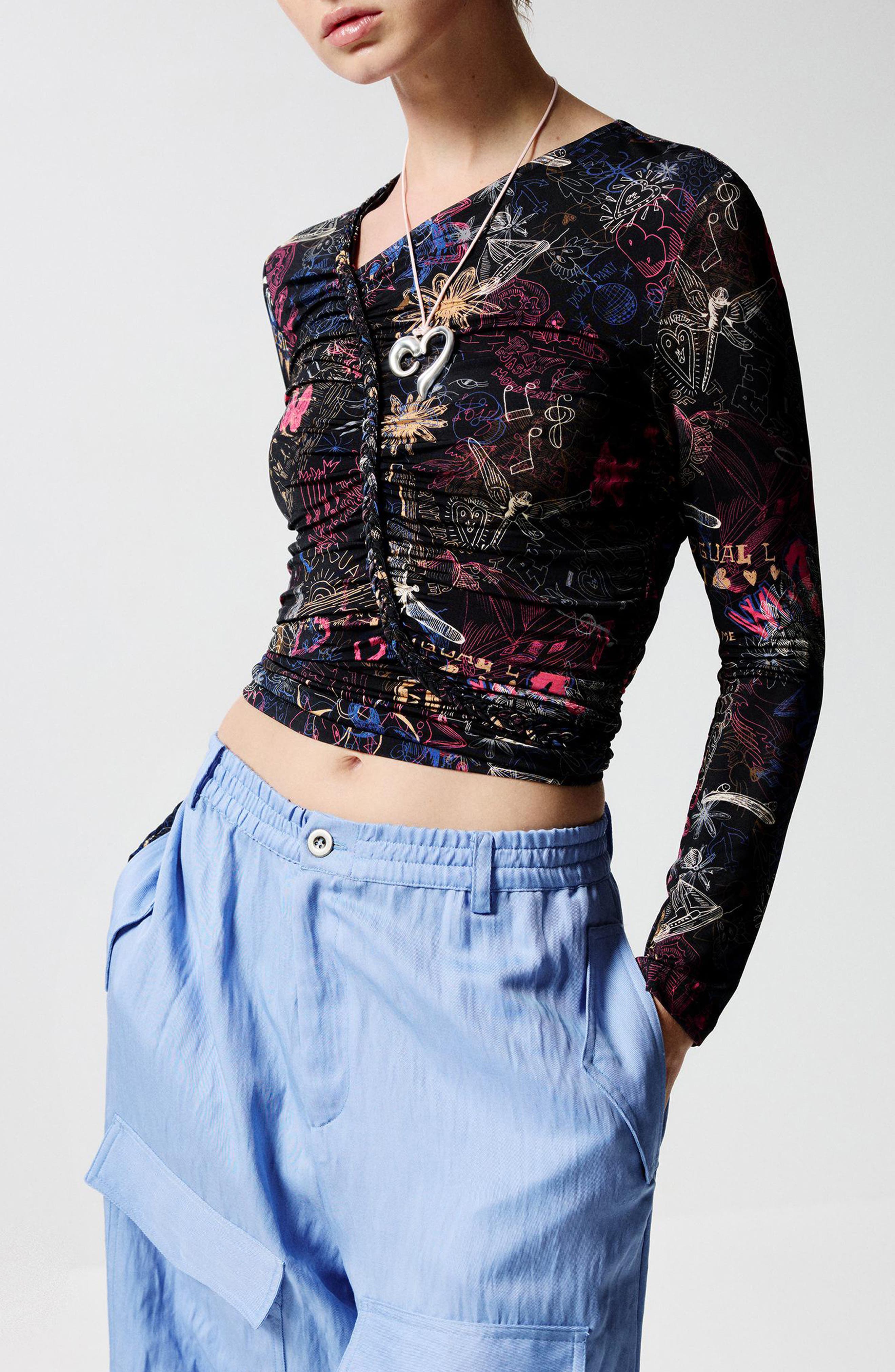 Desigual Doodle Print Asymmetric Ruched Crop Top