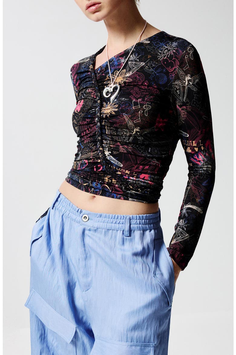 Doodle Print Asymmetric Ruched Crop Top, Main, color, BLACK