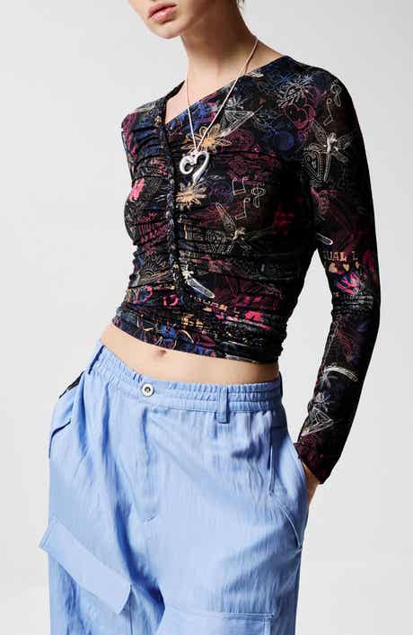 Desigual Doodle Print Asymmetric Ruched Crop Top