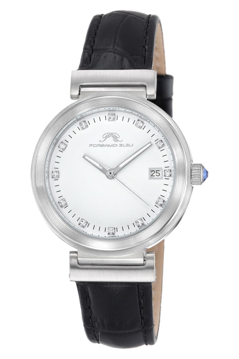 Dahlia Leather Strap Watch, 34mm, Main, color, SILVER-BLACK