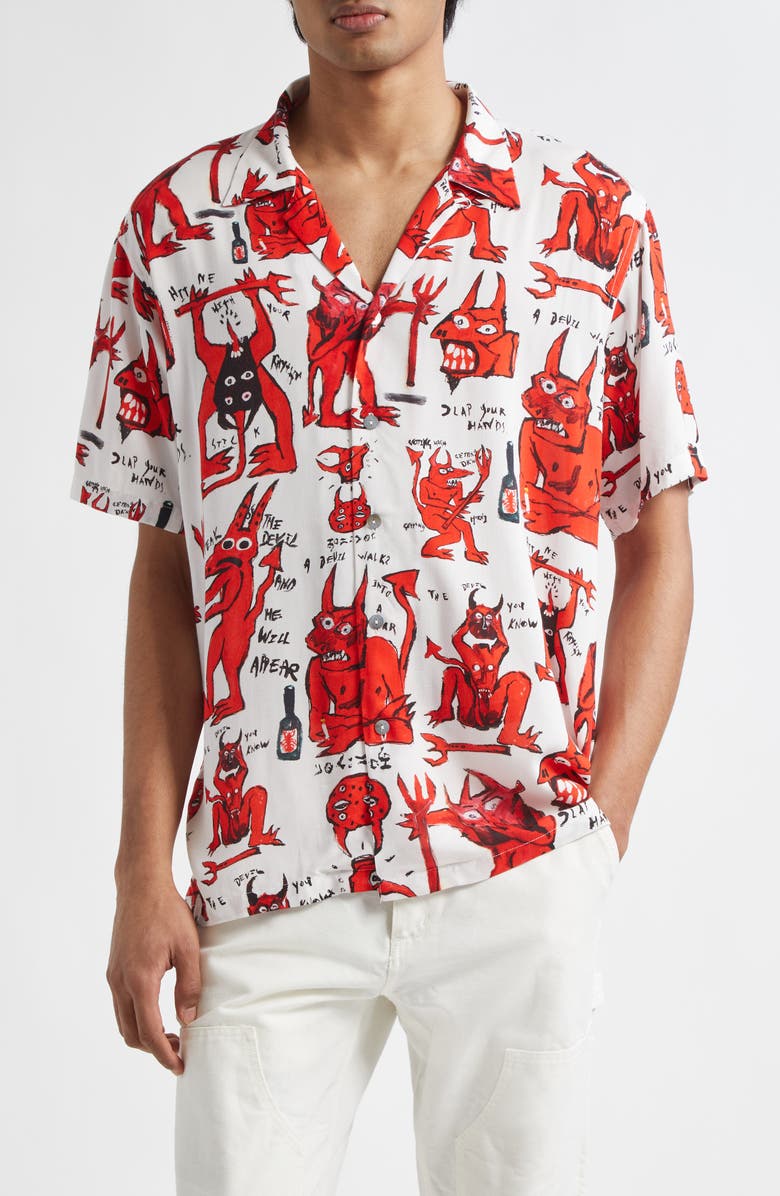 ENDLESS JOY Devil Print Lenzing<sup>™</sup> EcoVero<sup>™</sup> Viscose Button-Up Shirt, Main, color, White