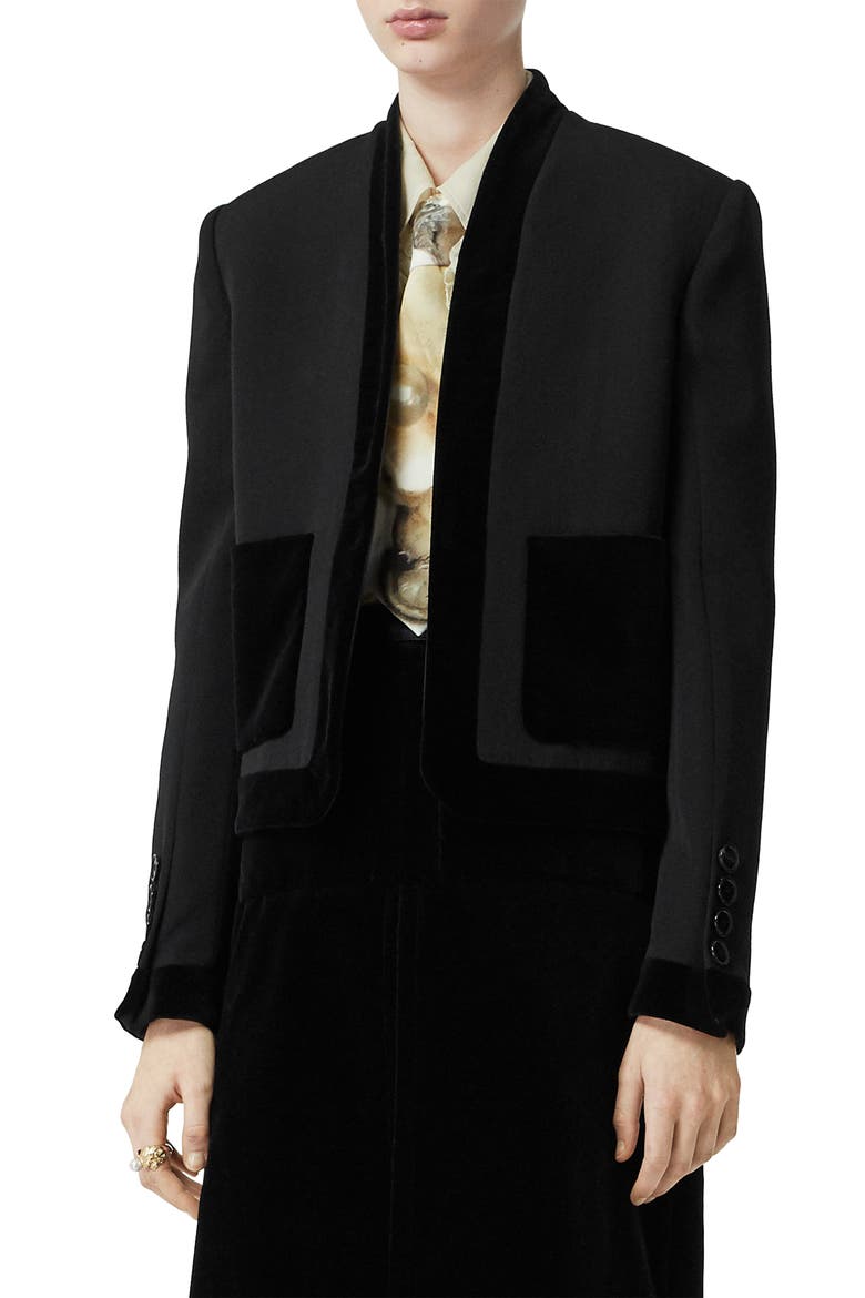 Velvet Trim Crop Jacket, Alternate, color, BLACK