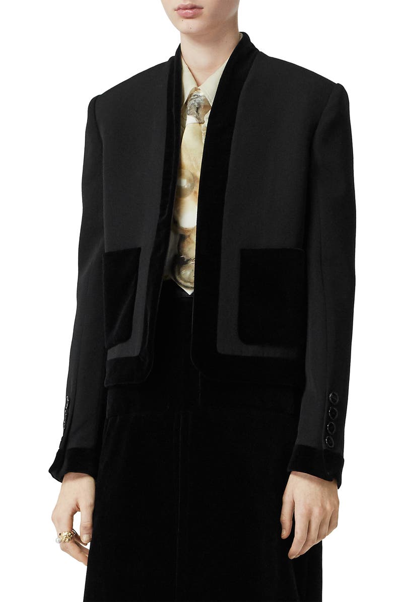 Burberry Velvet Trim Crop Jacket, Alternate, color,