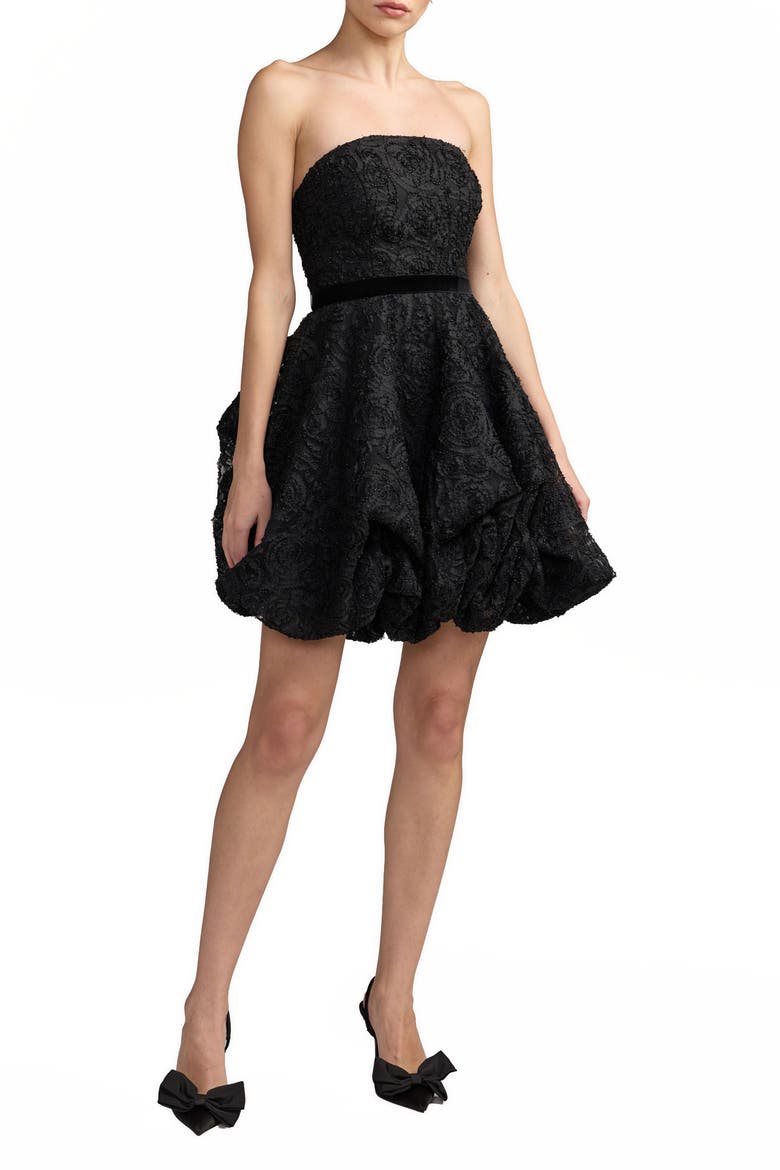 Floral Lace Strapless Bubble Mini Dress, Main, color, Black