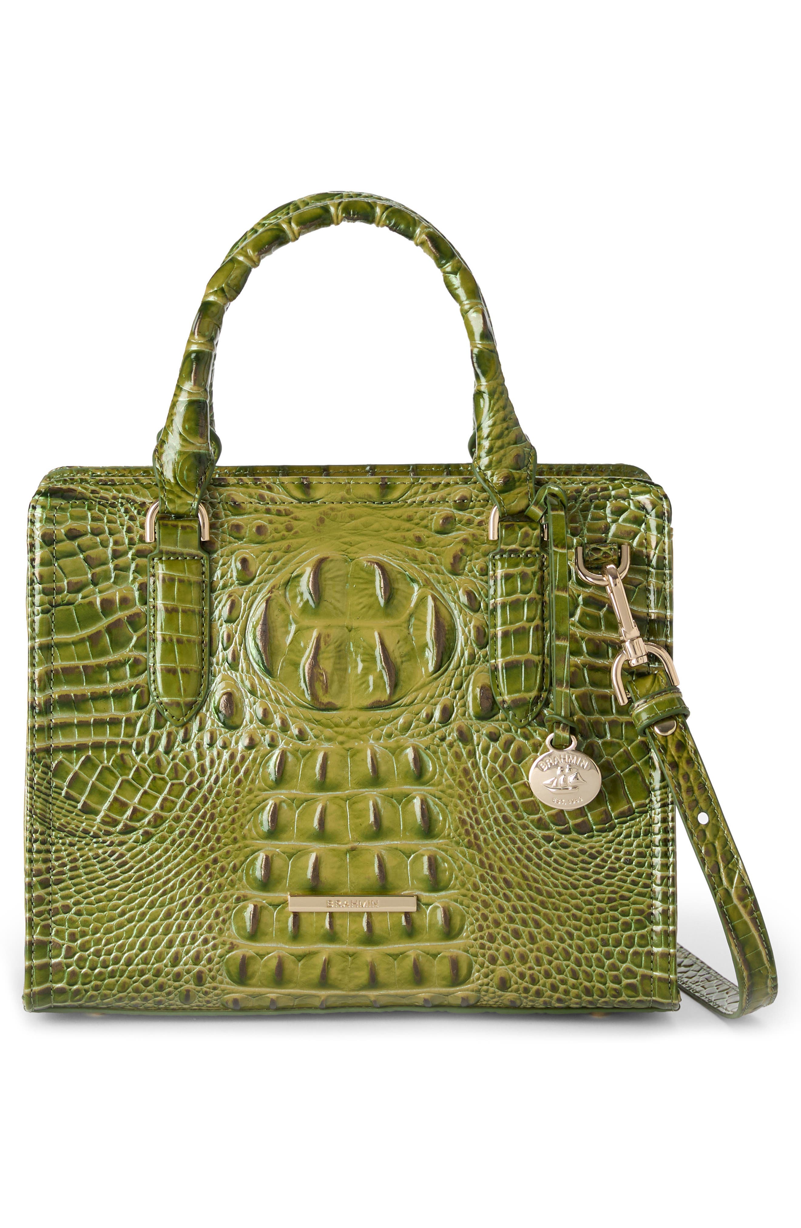 Brahmin Cami Croc Embossed Leather Satchel, Alternate, color, Olive