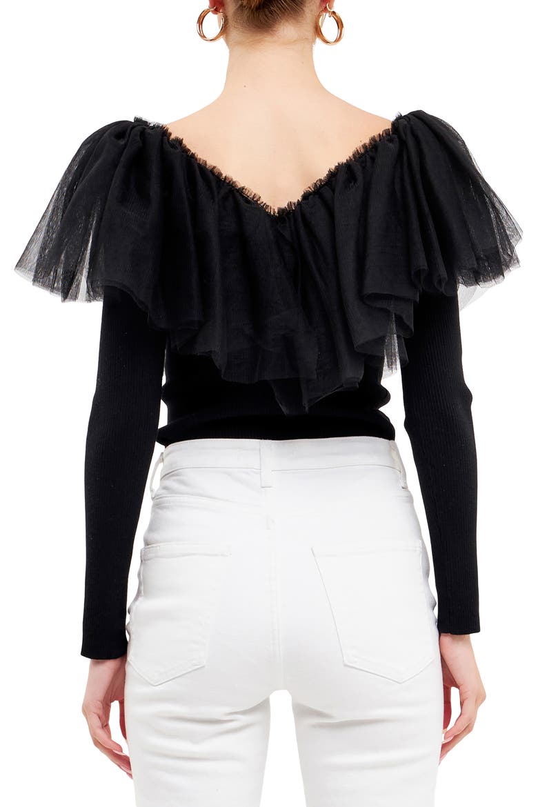 Ruffle Mesh Mixed Media Top, Alternate, color, BLACK
