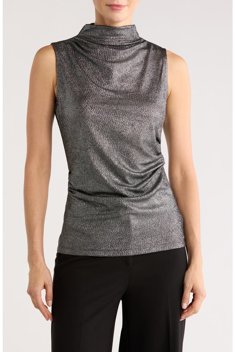 Shine Mock Neck Ruched Top, Main, color, BLACK/ SILVER