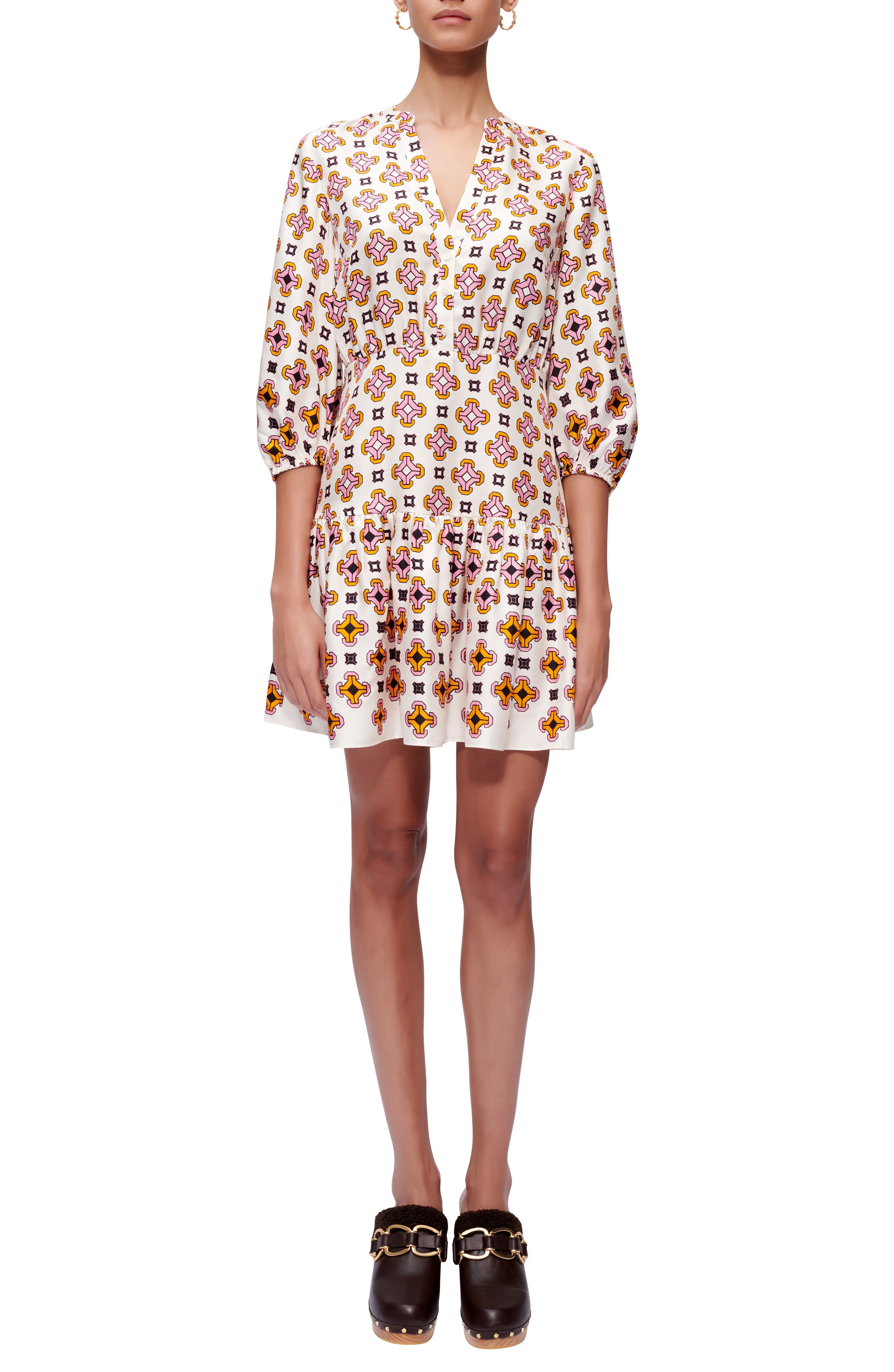 maje Tile Print Puff Sleeve Button-Up Dress