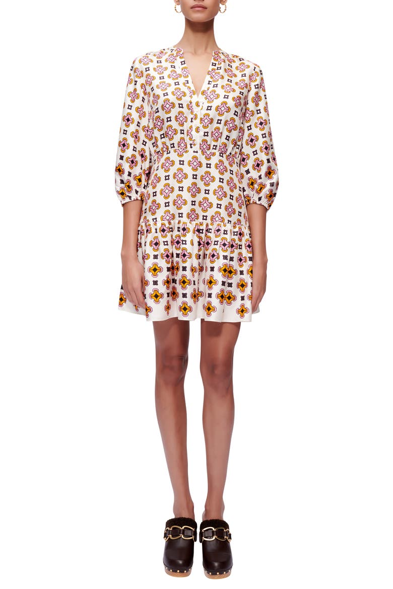 Tile Print Puff Sleeve Button-Up Dress, Main, color, GEOMETRIQUE FOND ECRU