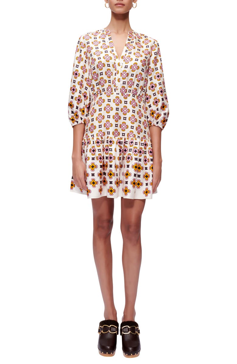 maje Tile Print Puff Sleeve Button-Up Dress, Main, color, Geometrique Fond Ecru