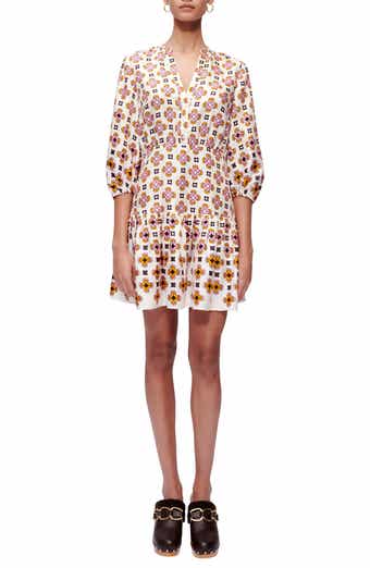 maje Tile Print Puff Sleeve Button-Up Dress