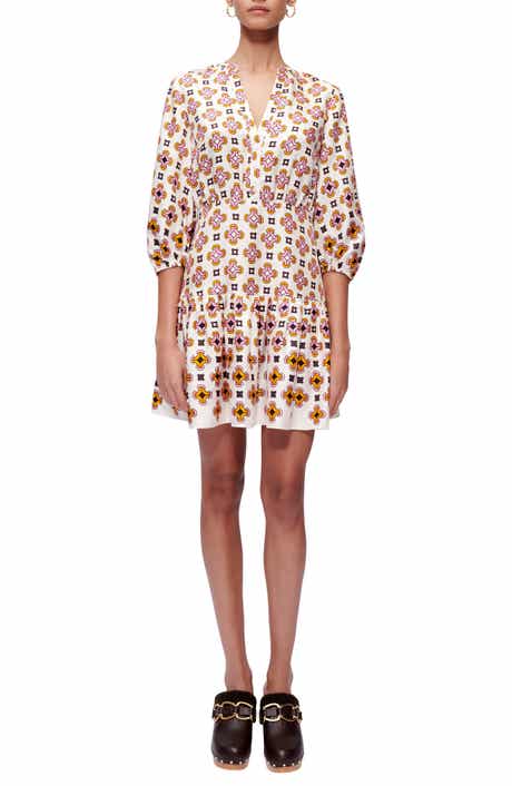 maje Tile Print Puff Sleeve Button-Up Dress