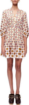 maje Tile Print Puff Sleeve Button-Up Dress