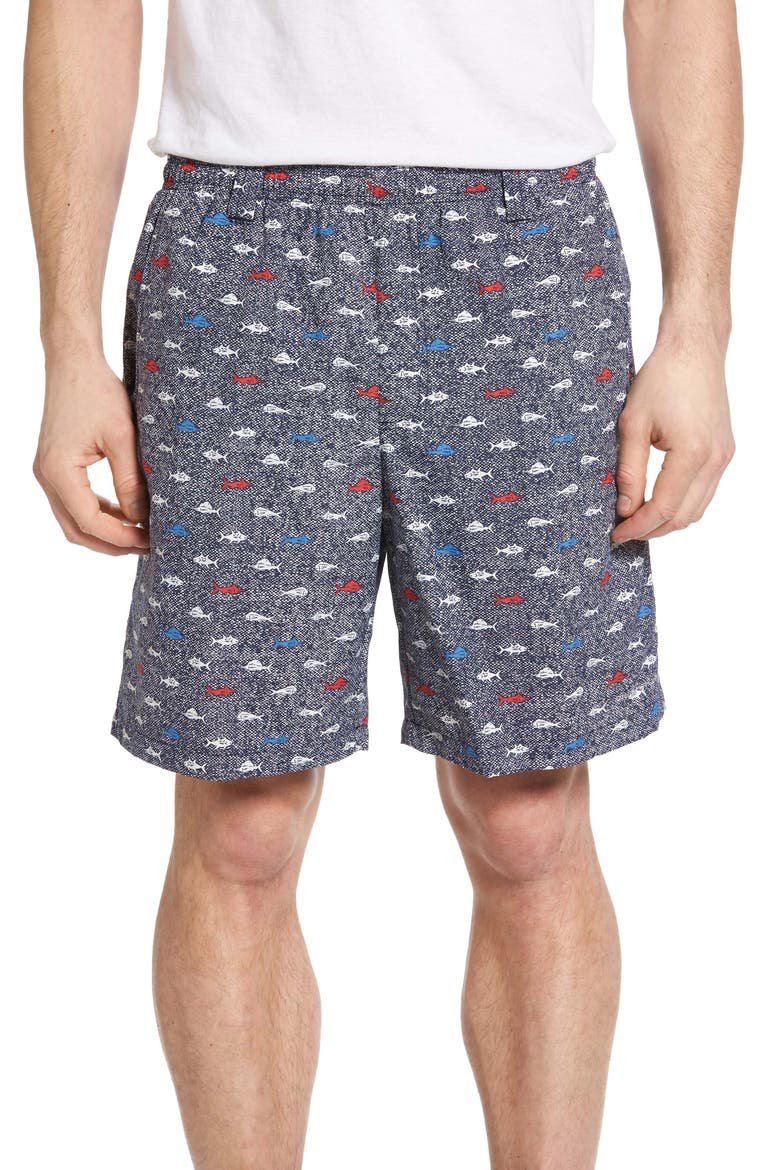 PFG Backcast II Print Swim Trunks, Main, color, COLLEGIATE NAVY FISH SCHOOL
