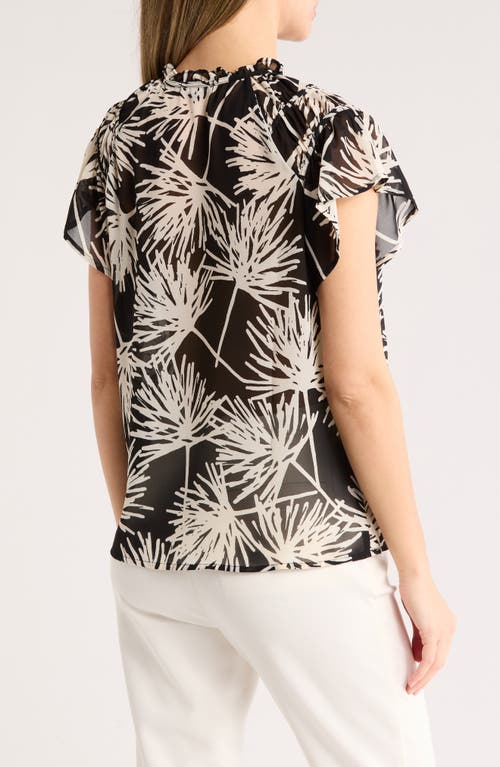Pleione Flutter Sleeve Split Neck Top In Brown