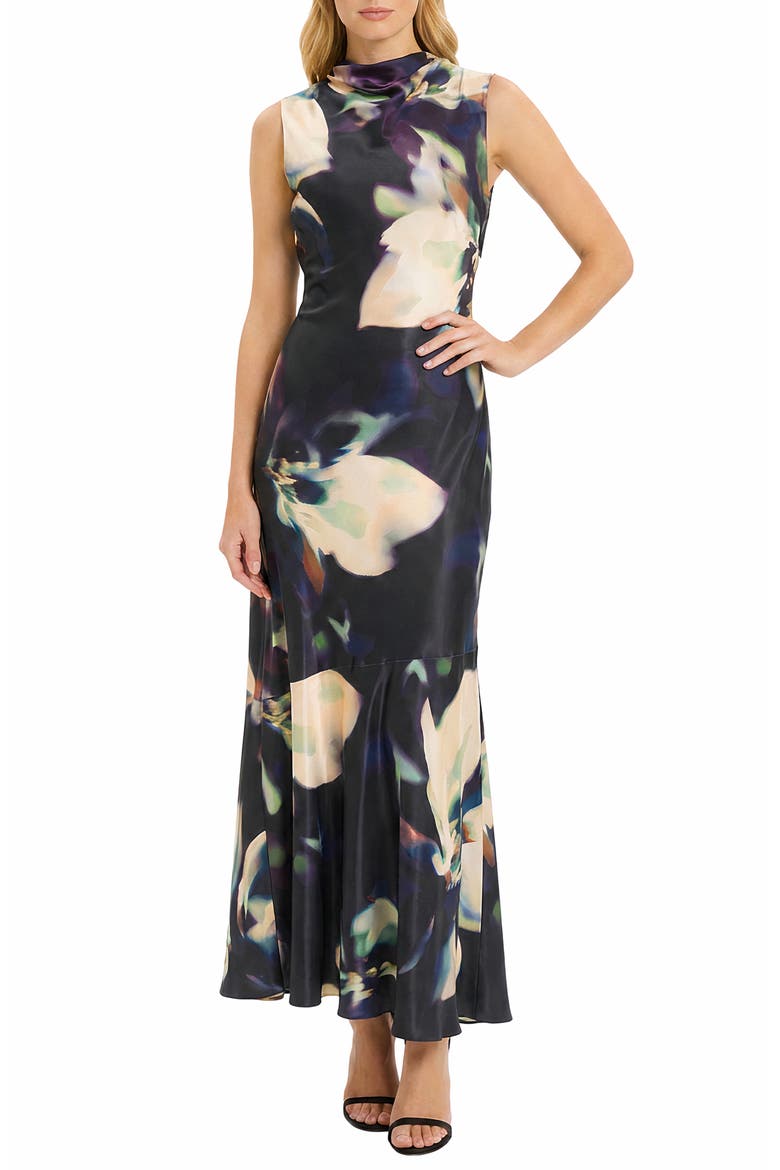 Floral Print Sleeveless Satin Gown, Main, color, BLACK/ CREAM