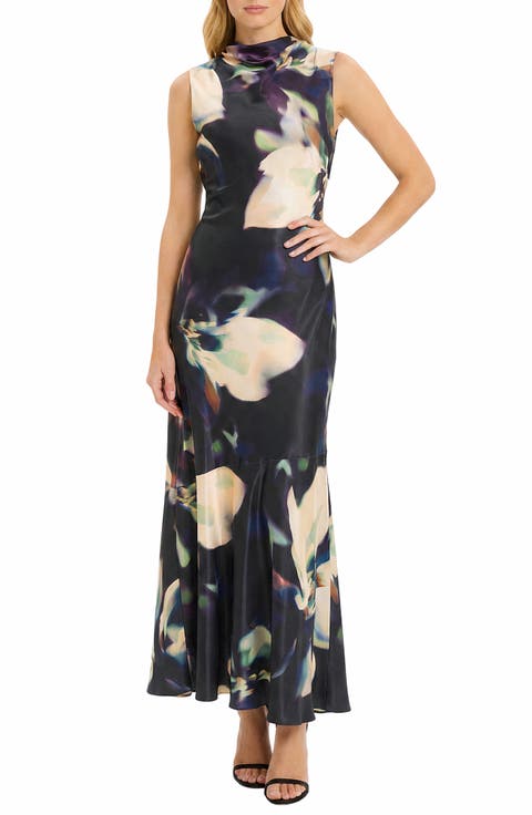 Floral Print Sleeveless Satin Gown