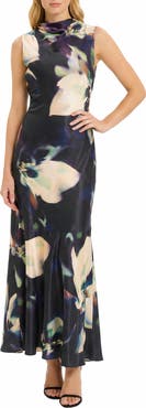 Maggy London Floral Print Sleeveless Satin Gown