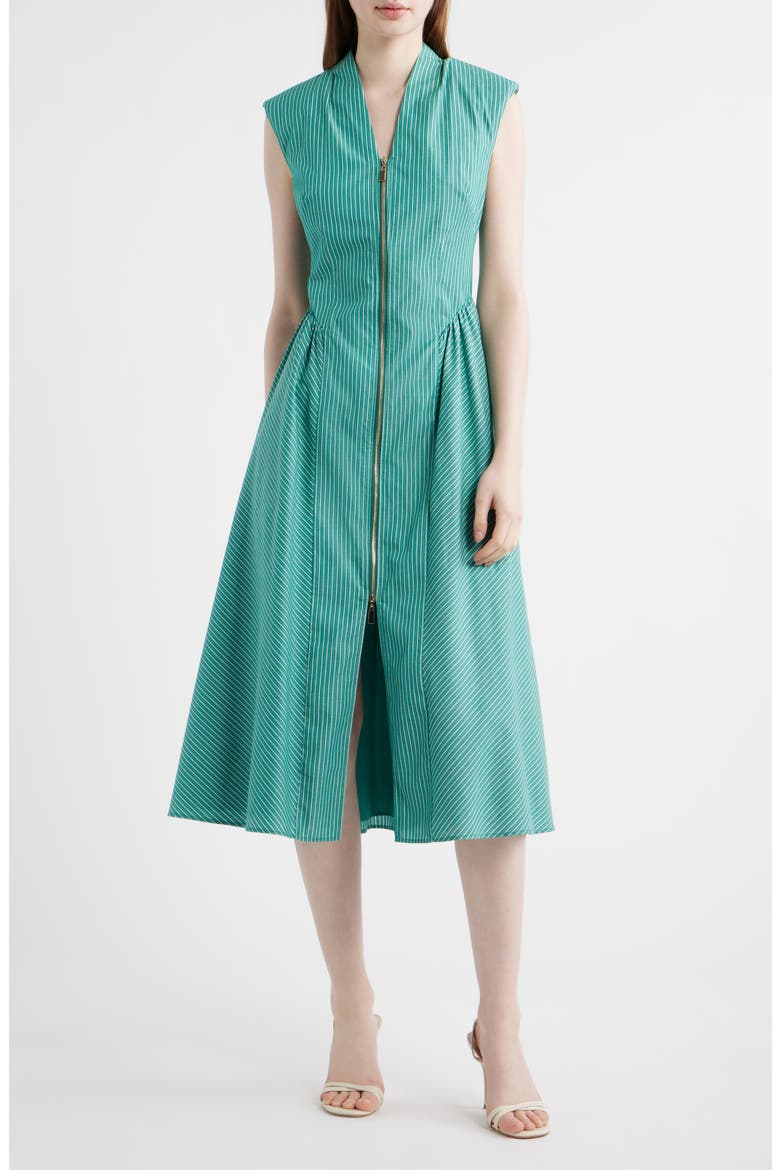 Stripe Zip Front Sleeveless Midi Dress, Main, color, DARK GREEN