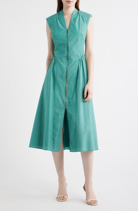 Stripe Zip Front Sleeveless Midi Dress