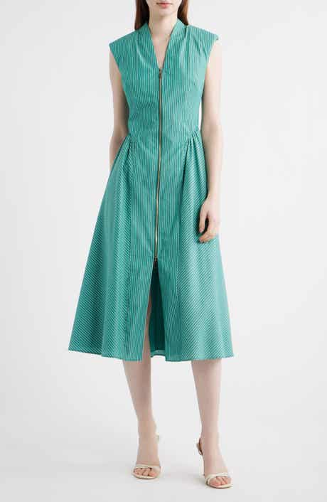 Stripe Zip Front Sleeveless Midi Dress