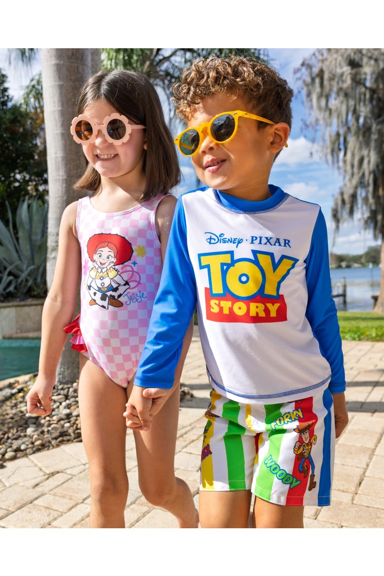 Toy Story Swimwear 2-Piece Rash Guard and Swim Trunks Set, Alternate, color, Toy Story Blue Stripe