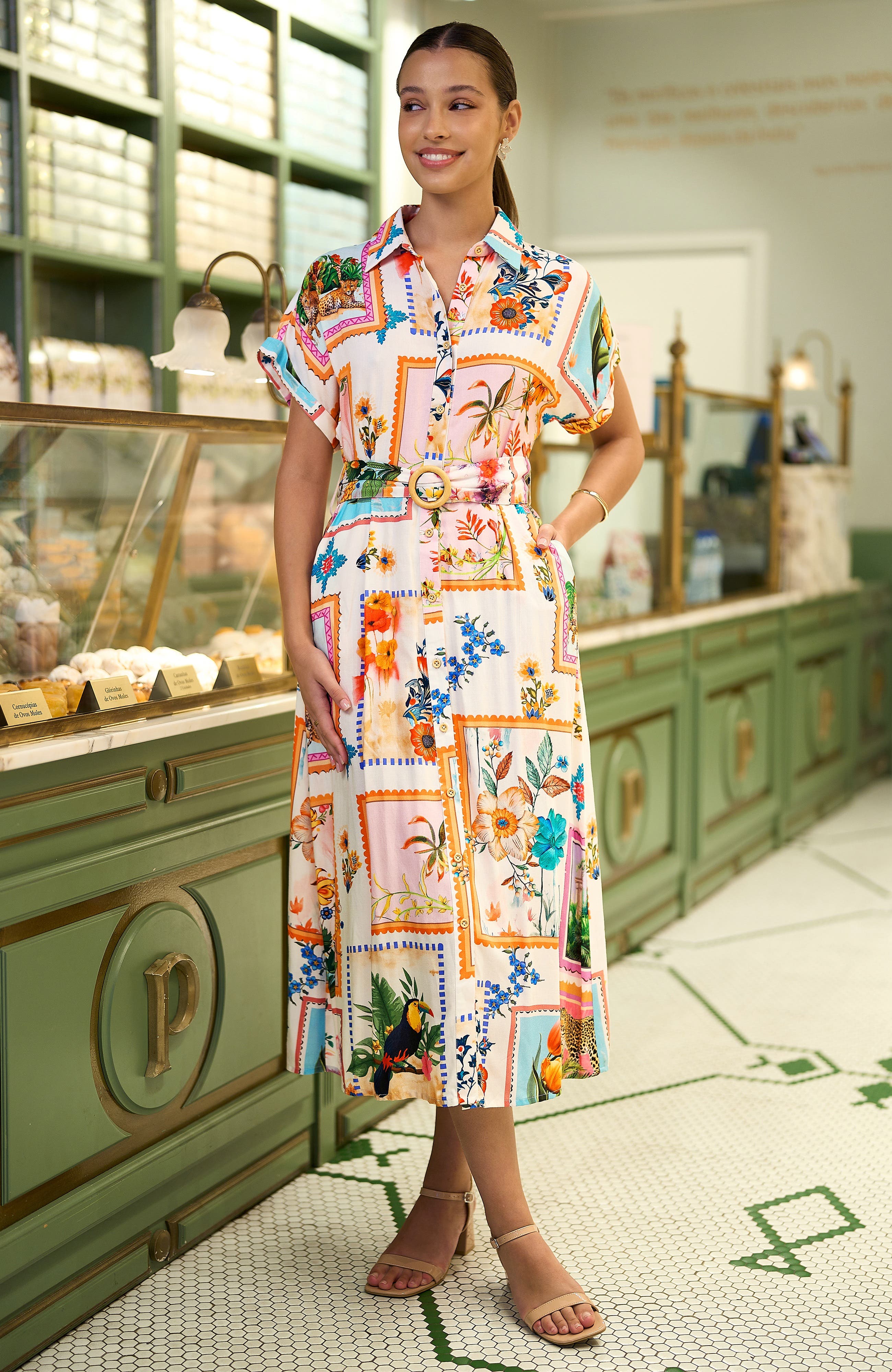 Yumi Tropical Postcard Print Midi Shirt Dress (Women) | Nordstrom