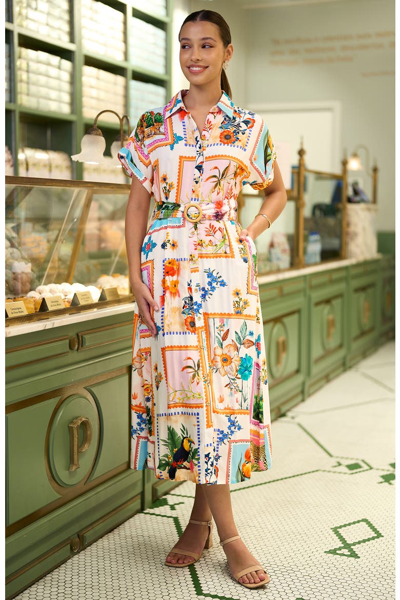 Tropical Postcard Print Midi Shirt Dress, Alternate, color, Ivory