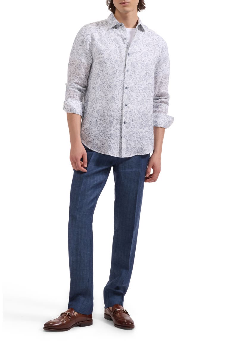 Julian Shaped Fit Paisley Print Linen Button-Up Shirt, Alternate, color, WHITE
